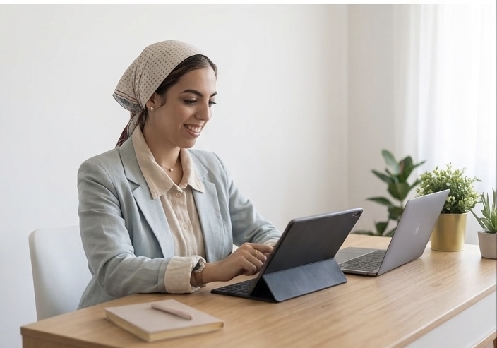 Salma Elsar trabajando en su escritorio