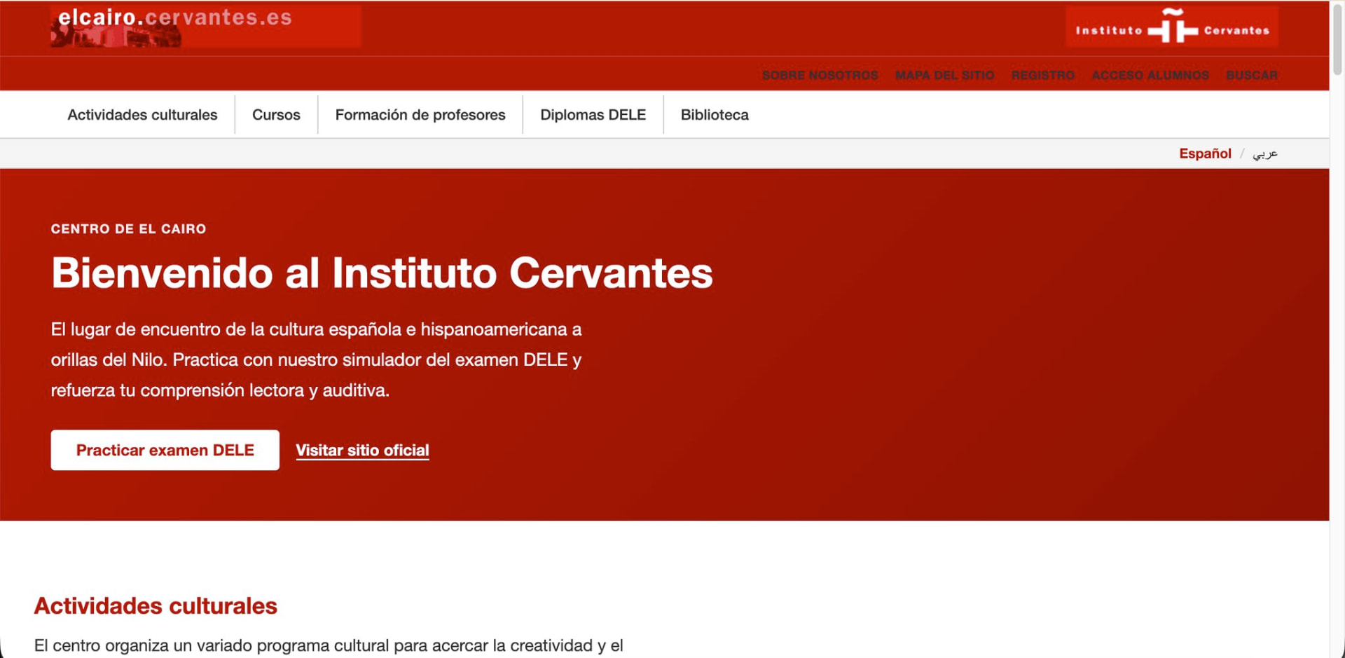 Captura de Instituto Cervantes de El Cairo — Web y simulador DELE